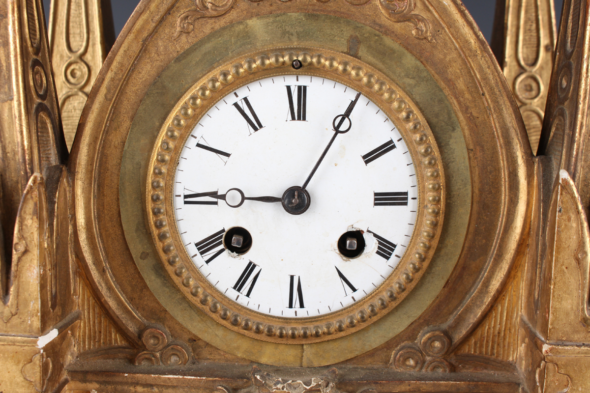 A late 19th century French Gothic Revival giltwood mantel clock with eight day movement striking - Image 16 of 16