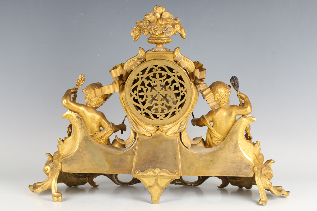 A late 19th century French ormolu mantel clock with eight day movement striking on a bell, the - Image 5 of 10