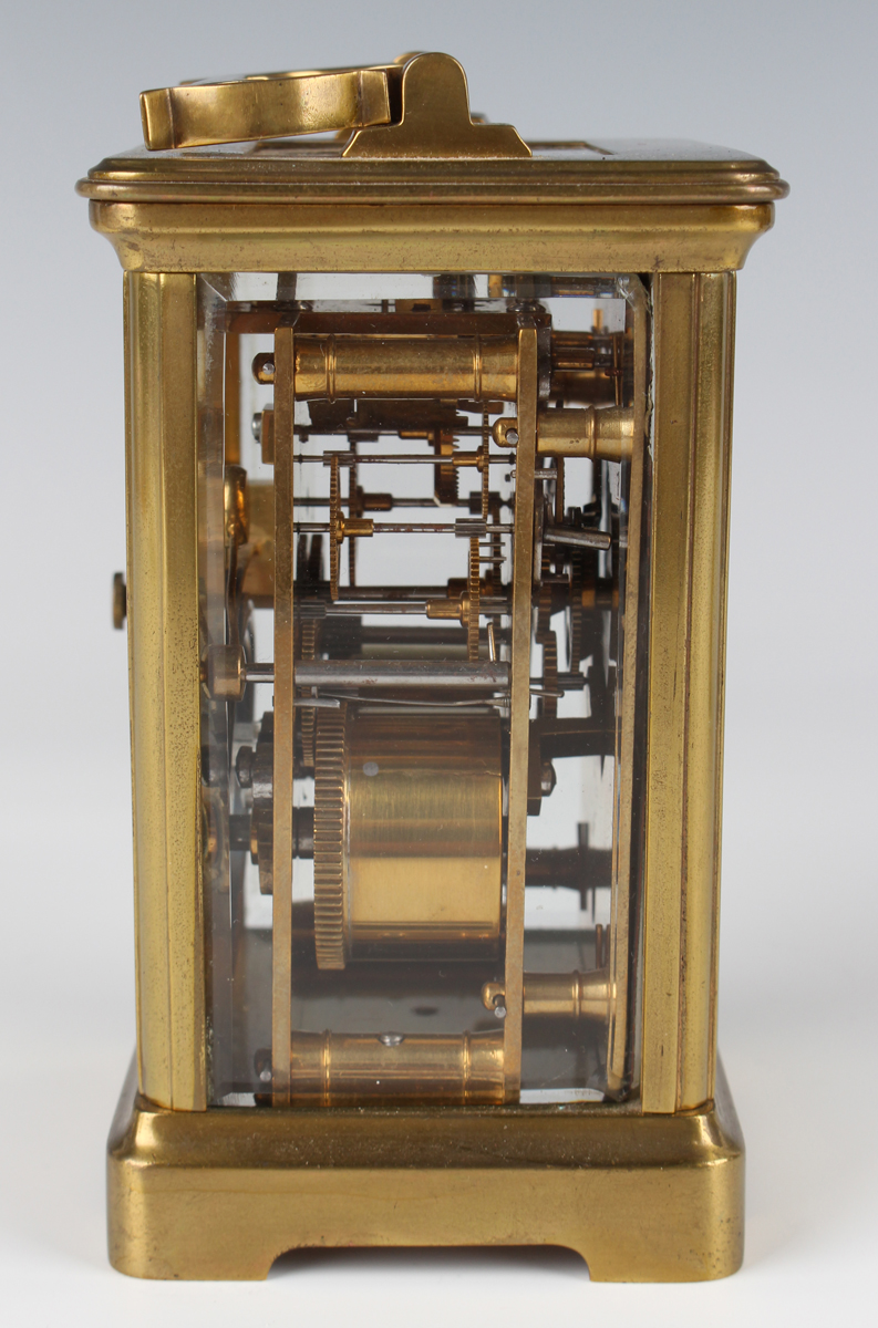 A late 19th/early 20th century French brass carriage clock with eight day movement striking hours on - Image 11 of 16