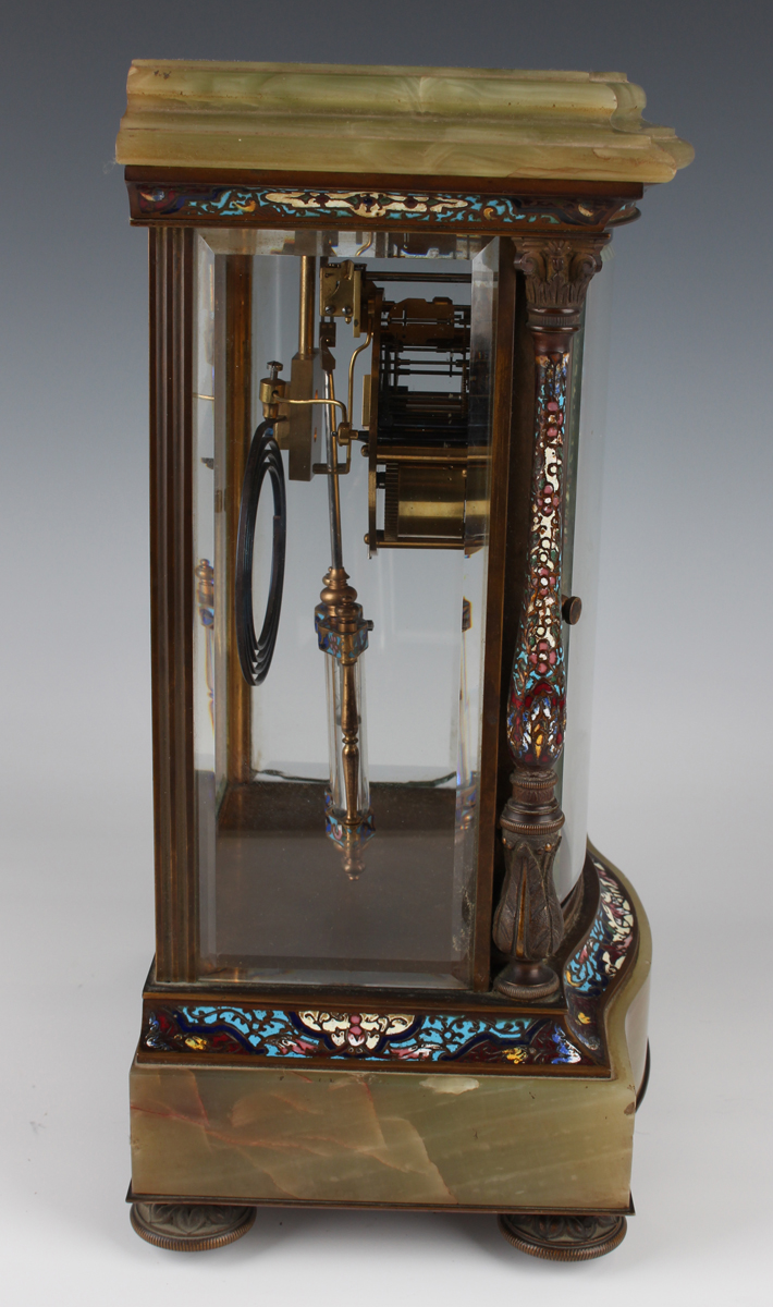 A late 19th/early 20th century French brass, onyx and champlevé enamel clock garniture, the four - Image 9 of 16