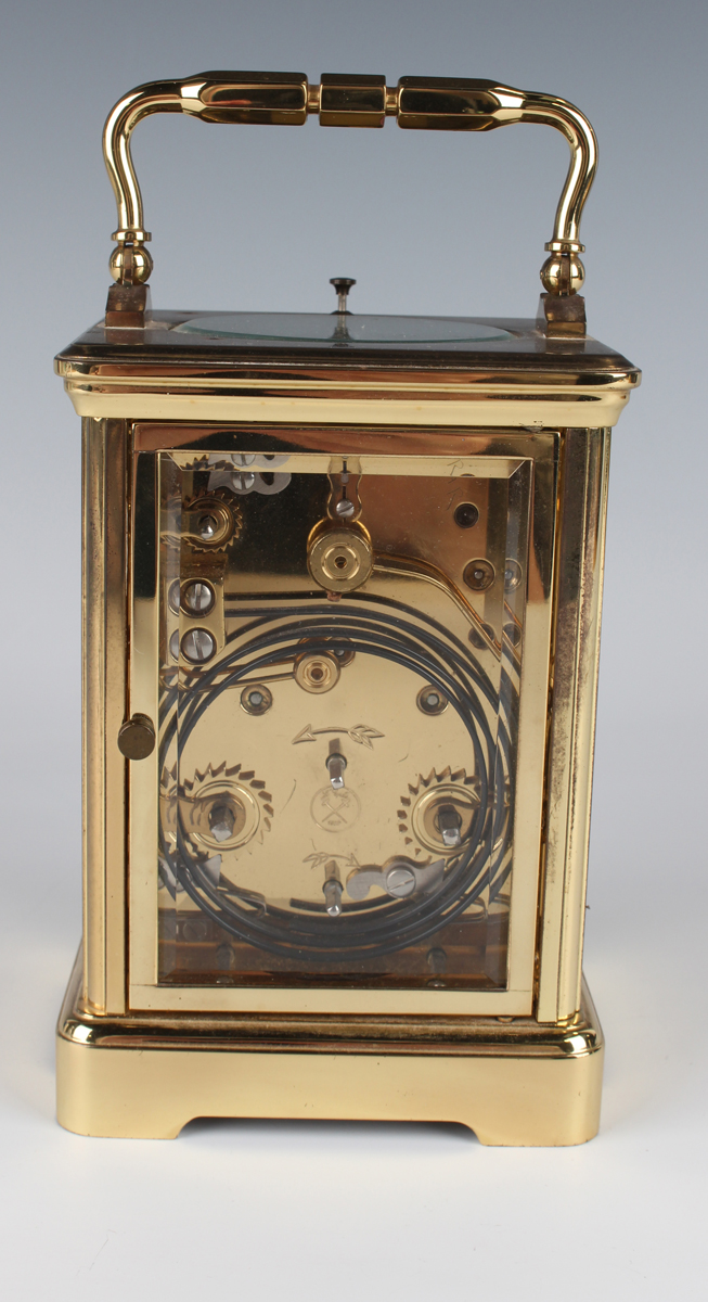 A late 20th century French lacquered brass corniche cased calendar carriage alarm clock by L'Epée, - Image 5 of 7