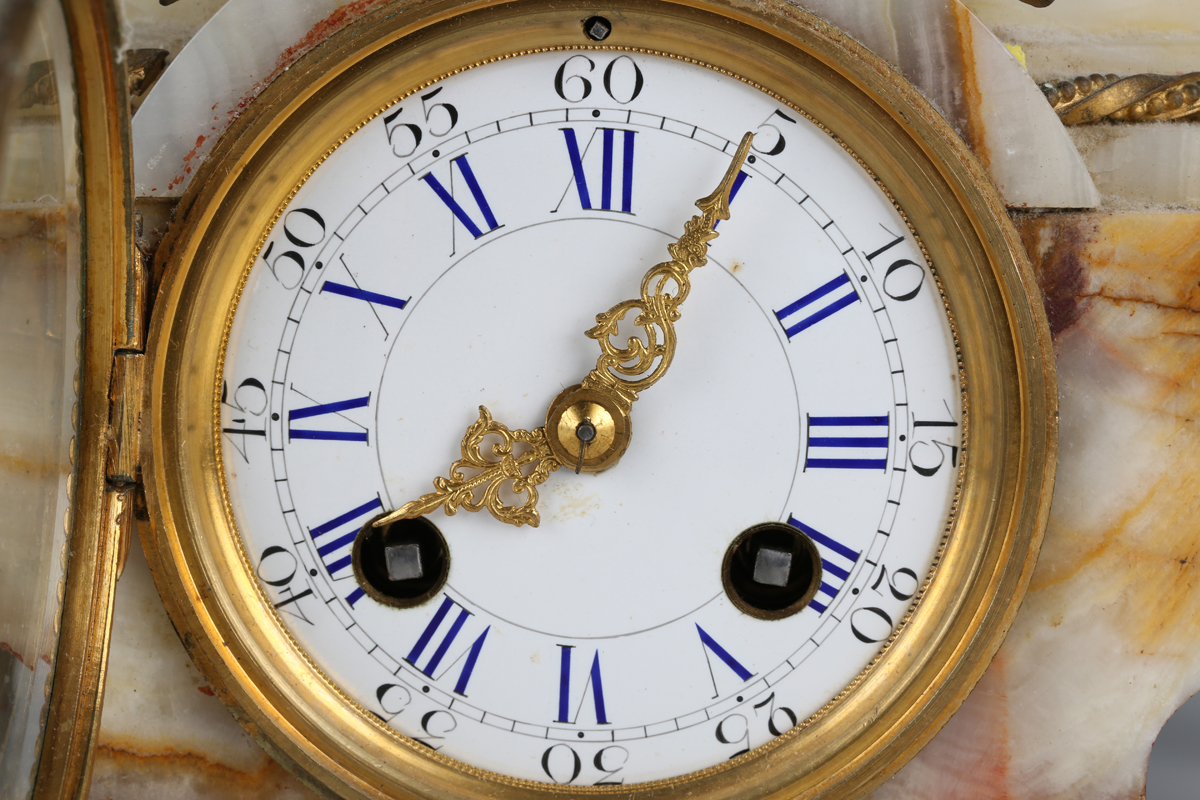 A late 19th century French ormolu and onyx mantel clock with eight day movement striking on a - Image 14 of 14