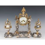 A late 19th century French gilt metal mounted marble portico clock garniture, the clock with eight