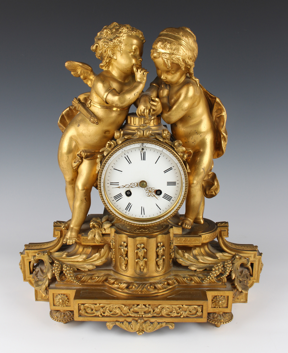 A late 19th century French ormolu mantel clock with eight day movement striking on a bell, the