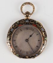 An enamelled gold cased keywind open-faced lady's fob watch with unsigned gilt cylinder movement,