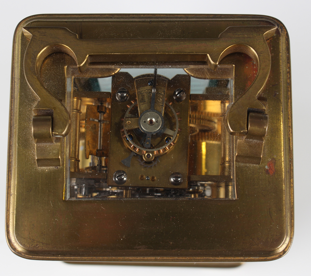 A late 19th/early 20th century French brass carriage clock with eight day movement striking hours on - Image 10 of 16