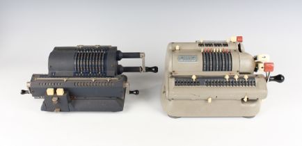 A Muldivo Mentor grey enamelled calculating machine, length 28cm, together with a Swedish Original