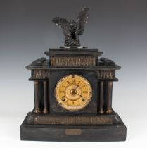 Three late 19th century slate architectural mantel clocks, each with eight day movement striking