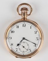 A gilt metal cased keyless wind open-faced gentleman's pocket watch, the white enamelled dial with