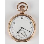 A gilt metal cased keyless wind open-faced gentleman's pocket watch, the white enamelled dial with