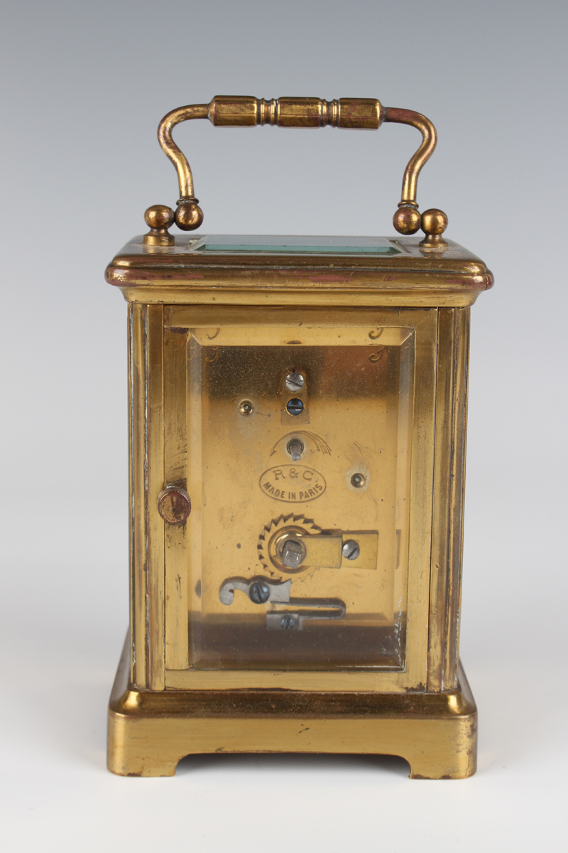 A late 19th/early 20th century French brass carriage clock with eight day movement striking hours on - Image 6 of 16