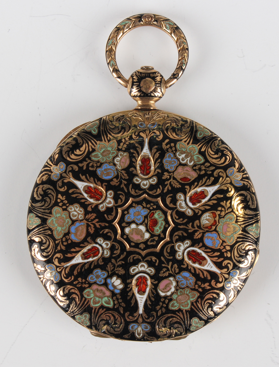An enamelled gold cased keywind open-faced lady's fob watch with unsigned gilt cylinder movement, - Image 2 of 6