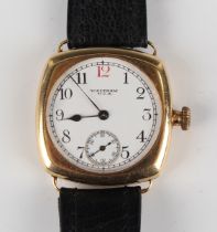 A Waltham 18ct gold cushion cased gentleman's wristwatch, the signed and jewelled movement