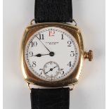A Waltham 18ct gold cushion cased gentleman's wristwatch, the signed and jewelled movement