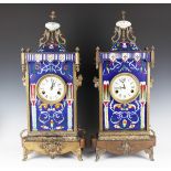 A pair of 20th century Chinese brass and cloisonné mantel clocks, each with eight day movement
