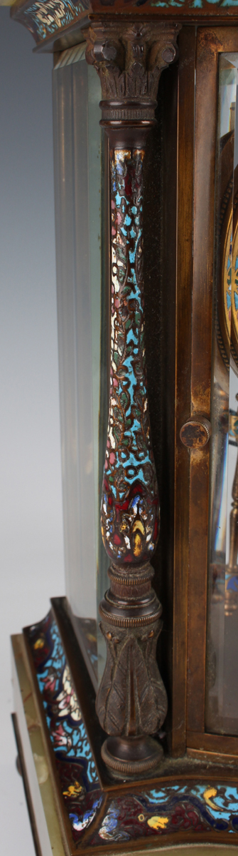 A late 19th/early 20th century French brass, onyx and champlevé enamel clock garniture, the four - Image 6 of 16