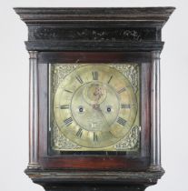 An early 18th century eight day longcase clock movement, the 11-inch square brass dial with matt