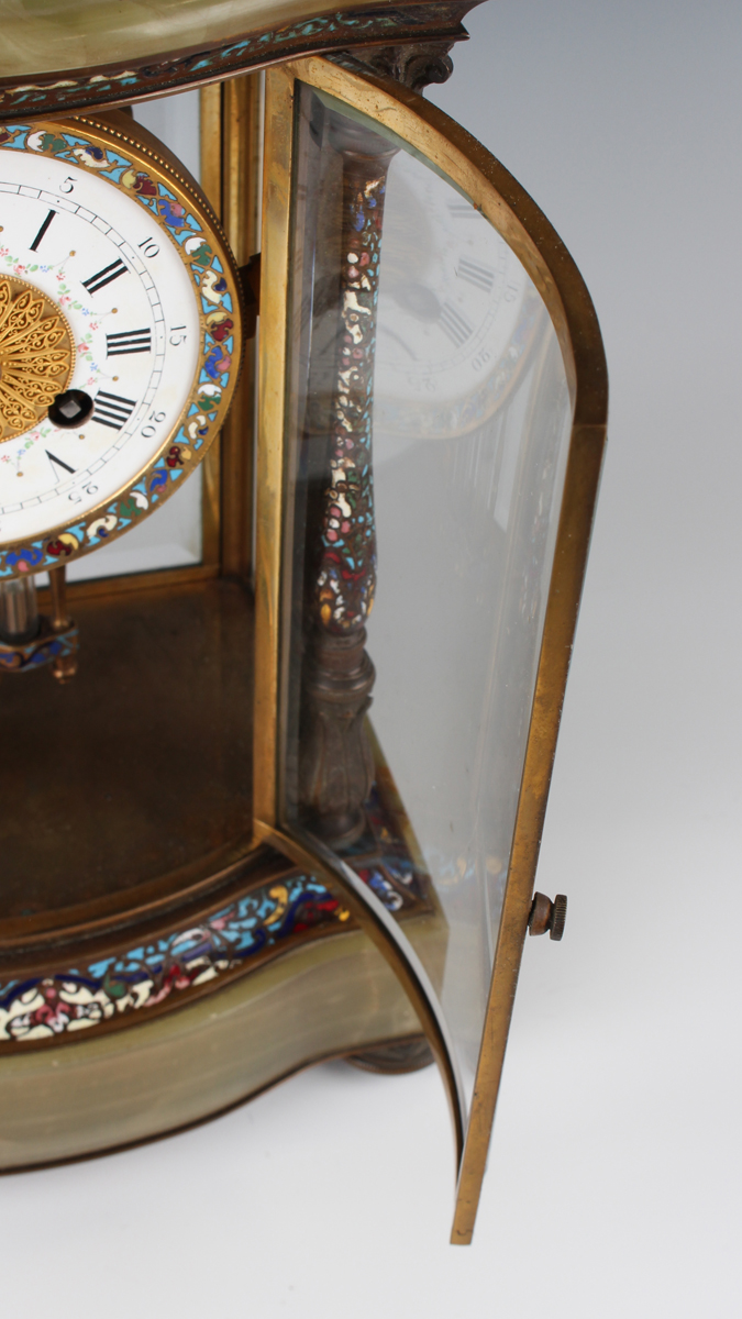 A late 19th/early 20th century French brass, onyx and champlevé enamel clock garniture, the four - Image 14 of 16