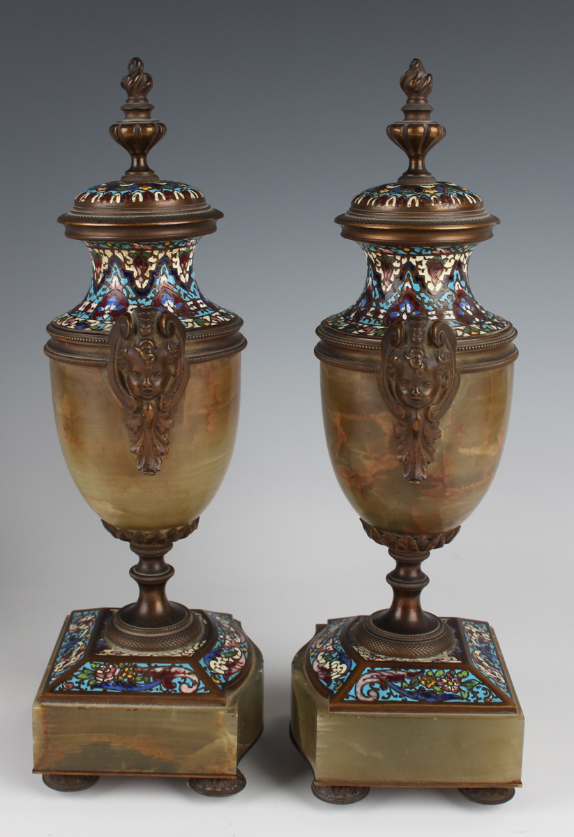 A late 19th/early 20th century French brass, onyx and champlevé enamel clock garniture, the four - Image 3 of 16