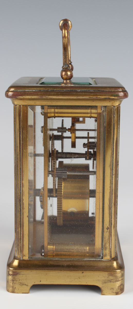A late 19th/early 20th century French brass carriage clock with eight day movement striking hours on - Image 4 of 16