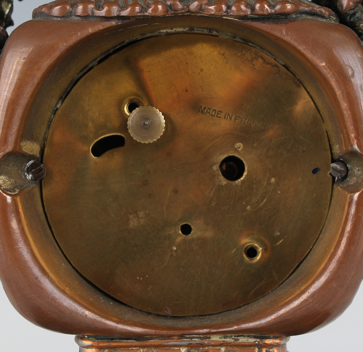 A late 19th century French chinoiserie bronze effect cast metal mantel timepiece, the gilt - Image 7 of 9
