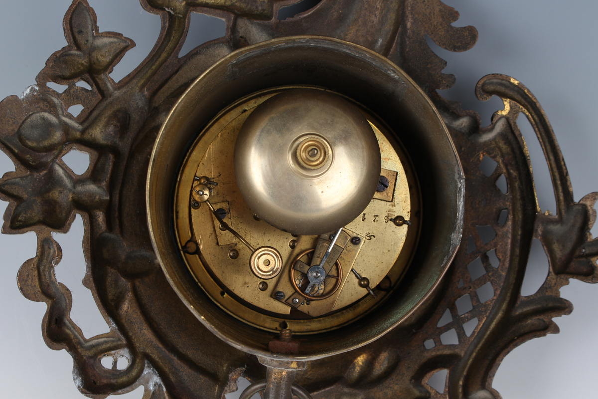 A late 19th century French gilt metal cased wall clock with eight day movement striking on a bell, - Image 4 of 6