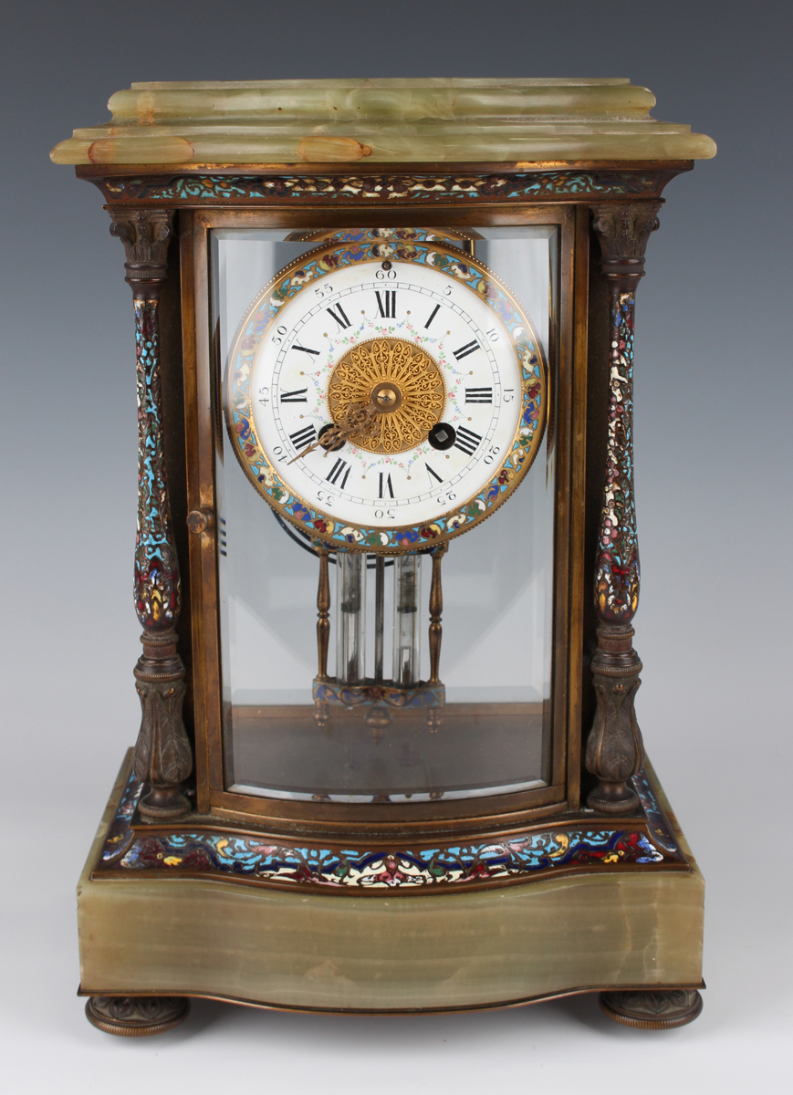 A late 19th/early 20th century French brass, onyx and champlevé enamel clock garniture, the four - Image 16 of 16