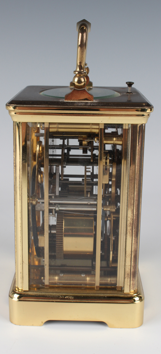 A late 20th century French lacquered brass corniche cased calendar carriage alarm clock by L'Epée, - Image 3 of 7