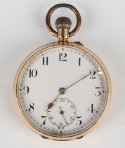 A gold cased keyless wind open-faced gentleman's pocket watch with unsigned gilt three quarter plate