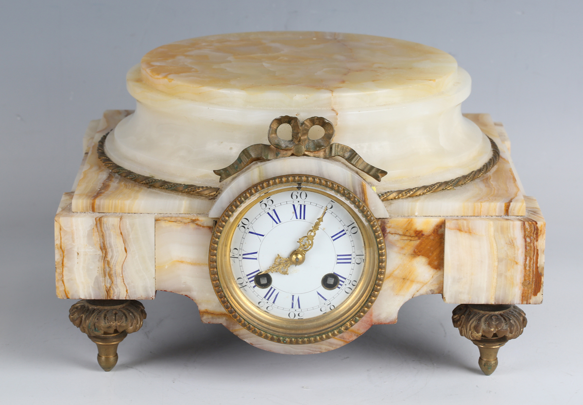 A late 19th century French ormolu and onyx mantel clock with eight day movement striking on a - Image 11 of 14