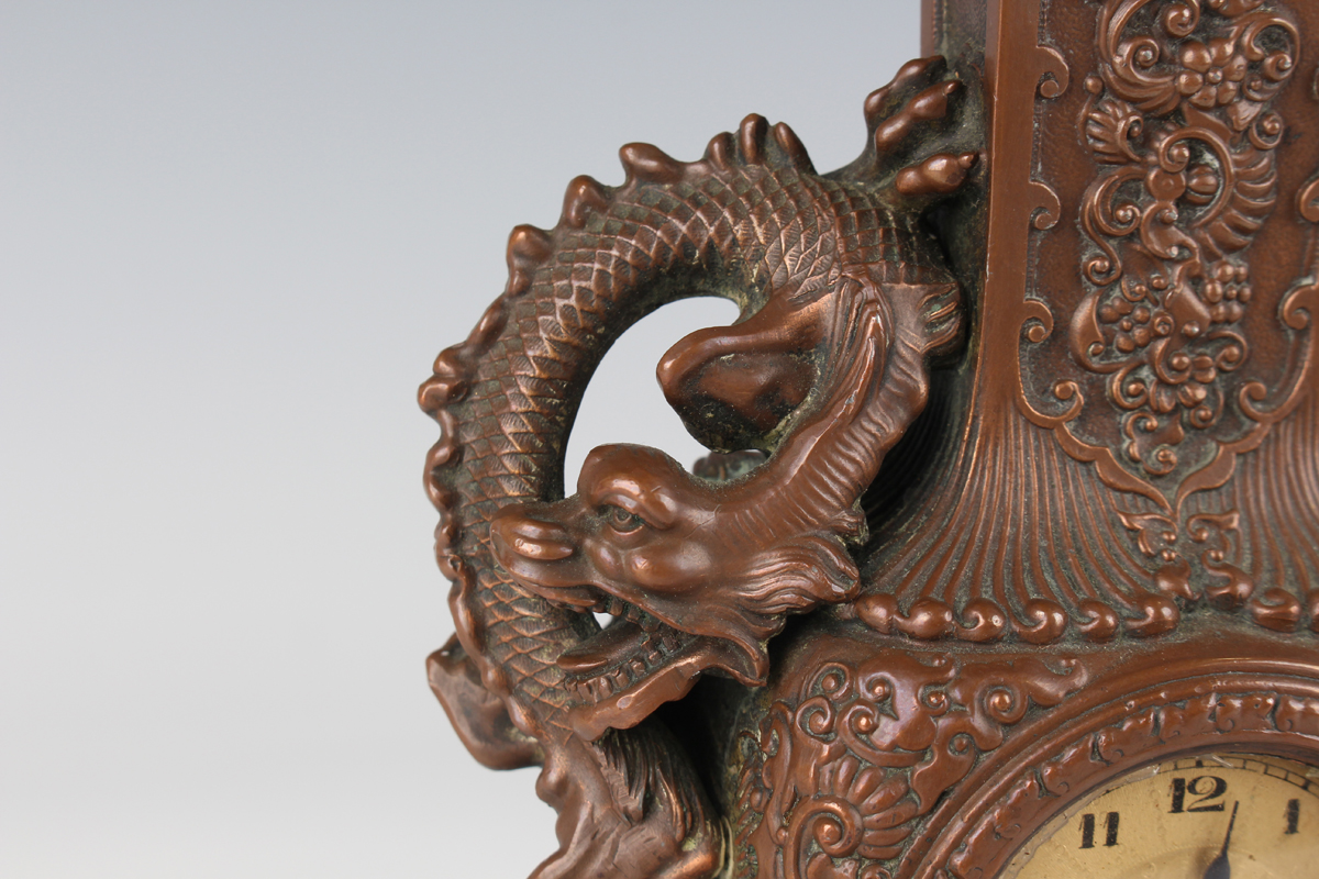 A late 19th century French chinoiserie bronze effect cast metal mantel timepiece, the gilt - Image 2 of 9