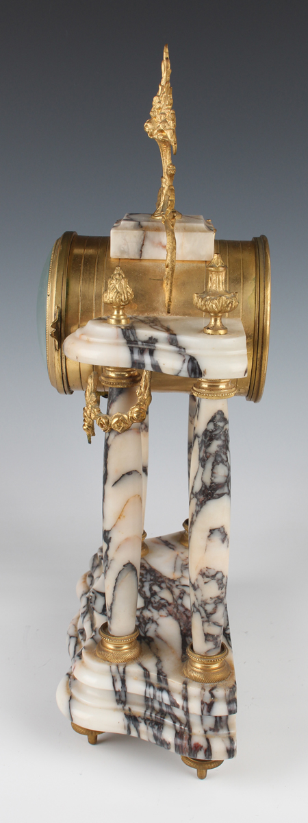 A late 19th century French gilt metal mounted marble portico clock garniture, the clock with eight - Image 6 of 12