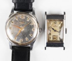 An Omega steel rectangular cased wristwatch, circa 1930, the signed and jewelled movement
