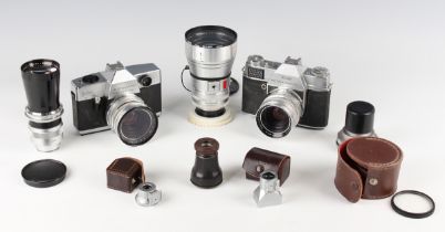 A small collection of cameras, lenses and accessories, including a Schneider-Kreuznach Retina-Tele-