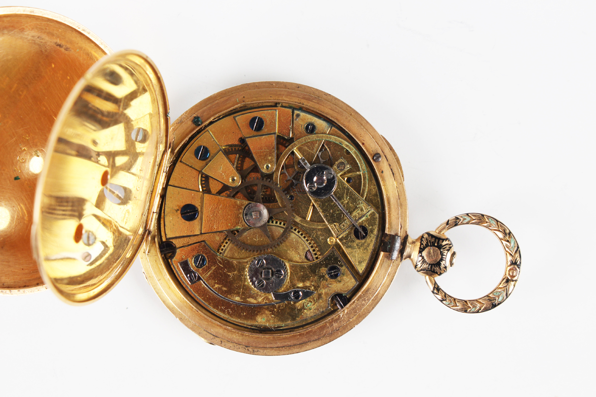 An enamelled gold cased keywind open-faced lady's fob watch with unsigned gilt cylinder movement, - Image 6 of 6