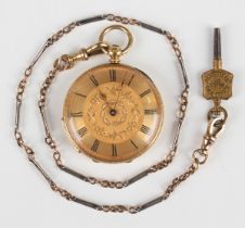 An 18ct gold and enamel cased keywind open-faced lady's fob watch with unsigned gilt cylinder