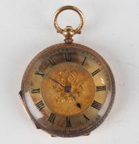 A 14ct gold cased keywind open-faced lady's fob watch with unsigned gilt cylinder movement, gilt