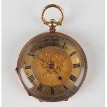 A 14ct gold cased keywind open-faced lady's fob watch with unsigned gilt cylinder movement, gilt