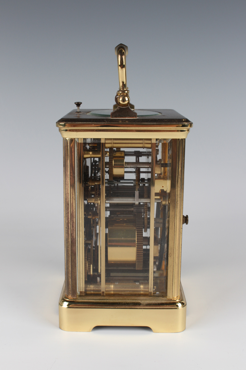 A late 20th century French lacquered brass corniche cased calendar carriage alarm clock by L'Epée, - Image 4 of 7