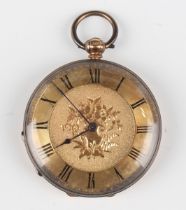 An 18ct gold cased keywind open-faced fob watch with unsigned gilt cylinder movement, gilt metal