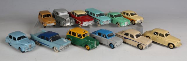 Twelve Dinky Toys British and American cars, including No. 175 Hillman Minx in blue and grey, No.