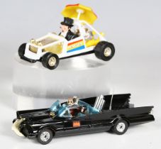 A Corgi No. 267 Batmobile, a No. 259 Penguinmobile, both within window boxes, a Batboat and a