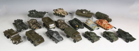 A collection of Corgi and Solido military vehicles, including tanks, tank transporter, lorries and