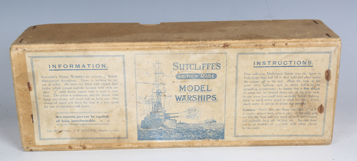 A Sutcliffe's spirit-fired model warship with two deck guns, two funnels and crow's nest, the hull - Image 5 of 6