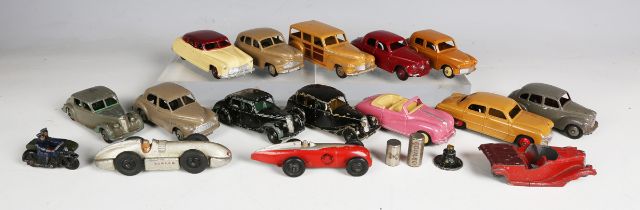 Fifteen Dinky Toys cars, including No. 106 Austin Atlantic in pink with beige interior, No. 159