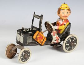 A Louis Marx tinplate clockwork Crazy Clown car, length 18cm (some playwear and rust spots).Buyer’
