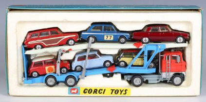 A Corgi Toys Gift Set No. 41 car transporter and six cars, comprising Ford H series tilt cab