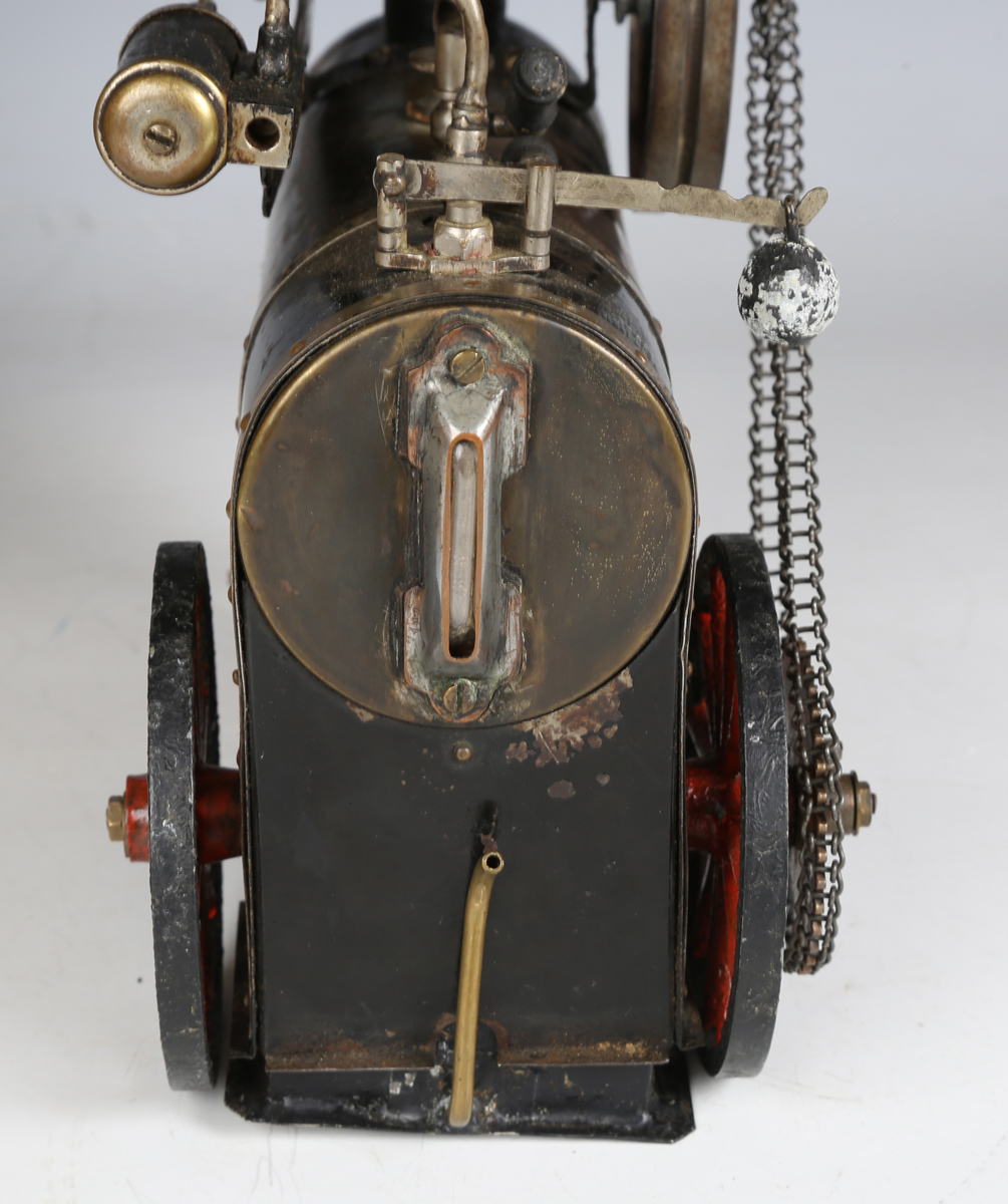A portable steam engine, probably Doll & Co, with chimney, three-wick burner, flywheel with single - Image 3 of 9