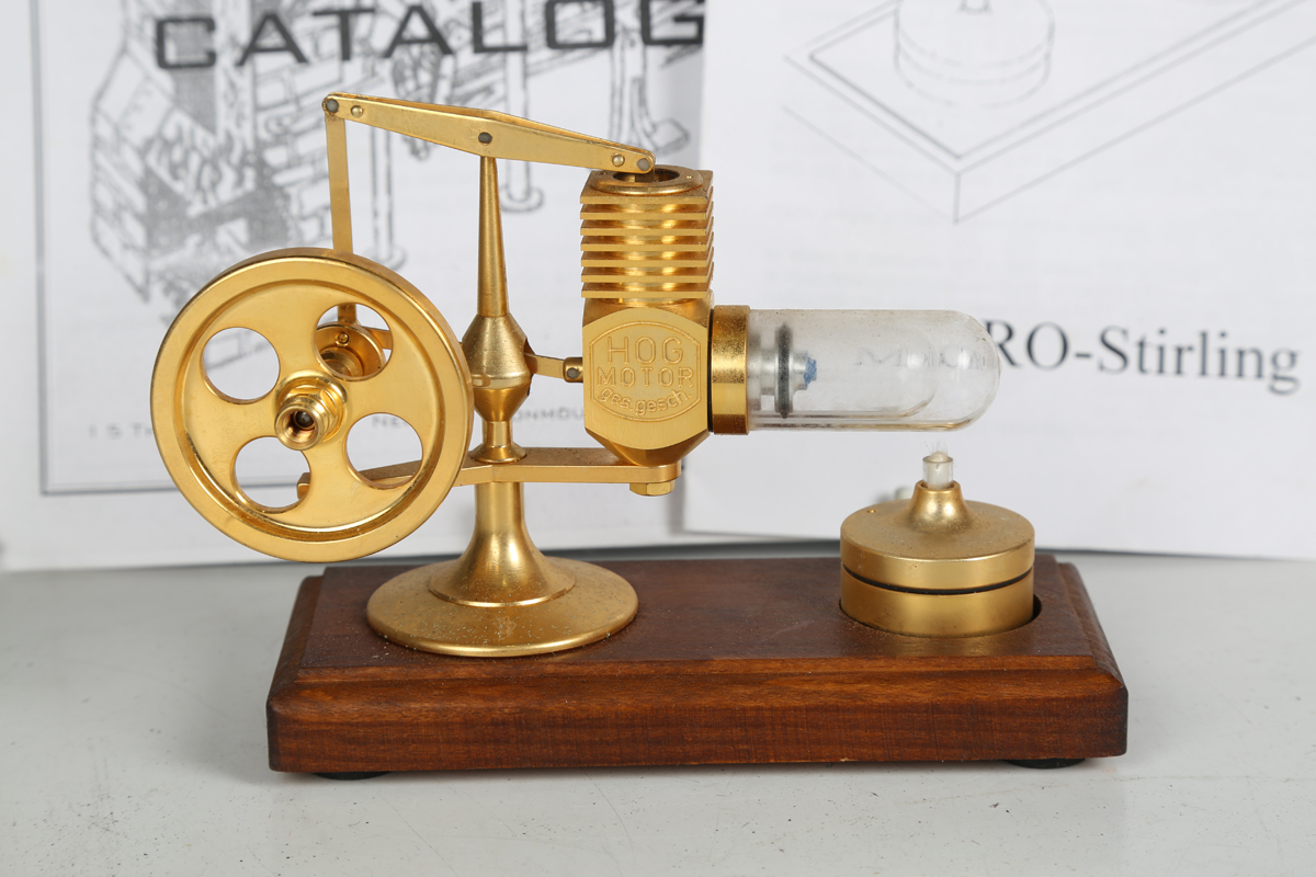 A Micro-Stirling miniature 'Hog Motor' hot air engine with balance beam and glass cylinder, heated - Image 5 of 5