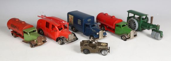 Six Tri-ang Minic tinplate clockwork vehicles, comprising pre-war 15M petrol tanker 'Shell/BP',